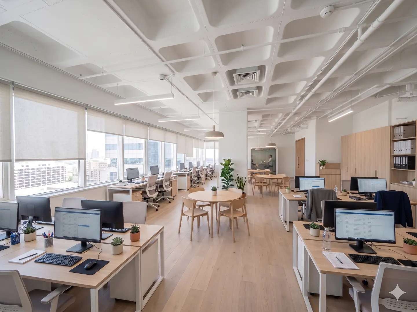 Bright, modern office space with desks, computers, and large windows. Light wood floors and furniture create a clean, airy feel.