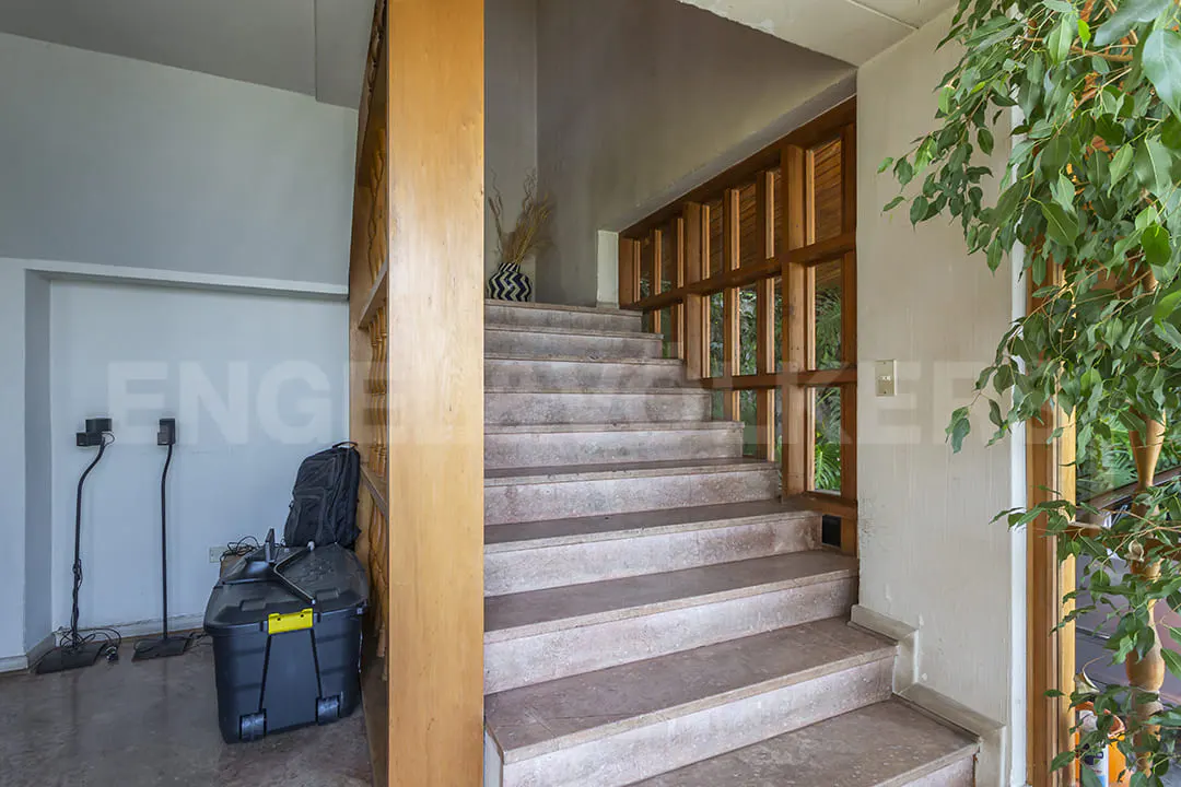 Interior view of a staircase with stone steps, a wooden partition, and a potted plant. Speakers and a black case are on the left.