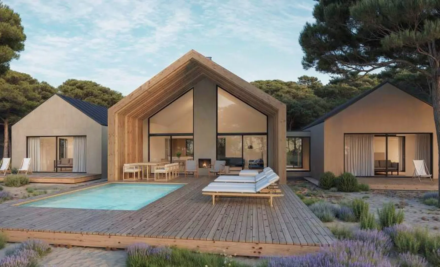 Modern home exterior with a pool and wooden deck. The house has large windows and a light wood frame. Trees in the background.