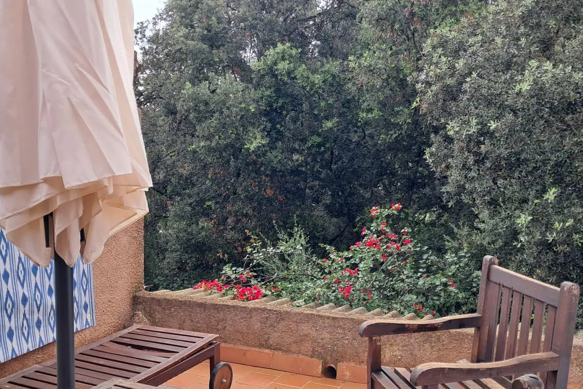Balcony view with a wooden chair, lounge chair, and umbrella. Red flowers grow over the edge of the balcony, with green trees in the background.