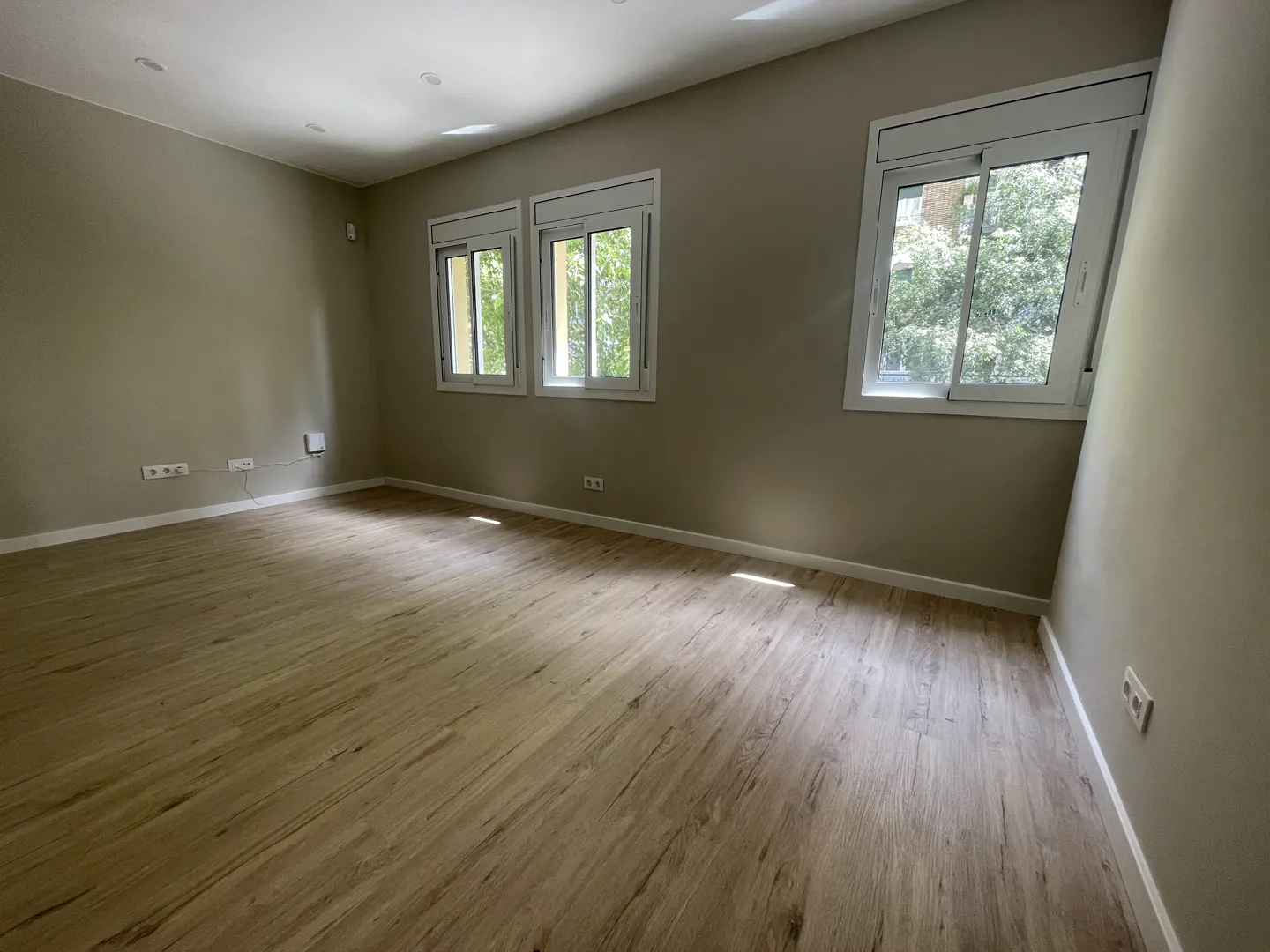 Empty room with light wood floors, beige walls, and three white-framed windows showing green trees outside.