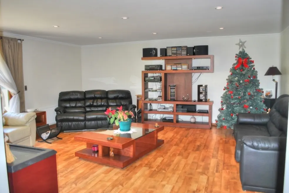 Living room with hardwood floors, black leather sofas, and a Christmas tree with red bows. A wooden entertainment center is against the wall.
