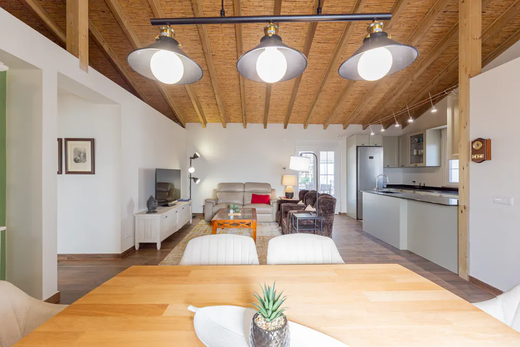Open-concept living space with a wood table, white chairs, and a succulent in the foreground. A living room and kitchen are in the background.