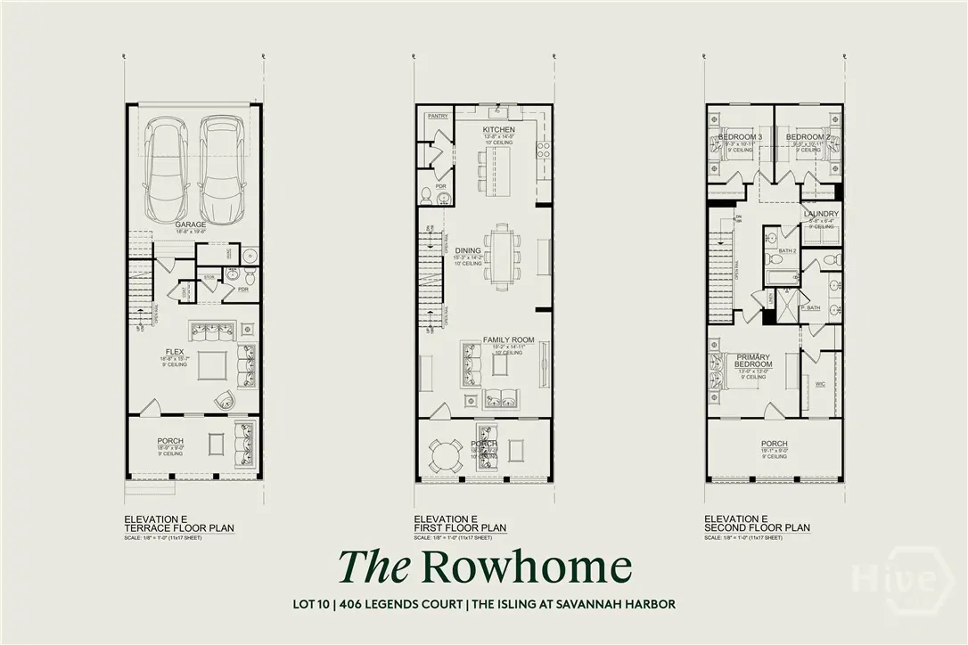 Floor plan for "The Rowhome" at 406 Legends Court. Three floors: garage/flex space, kitchen/family room, and bedrooms. Black lines on a light beige background.