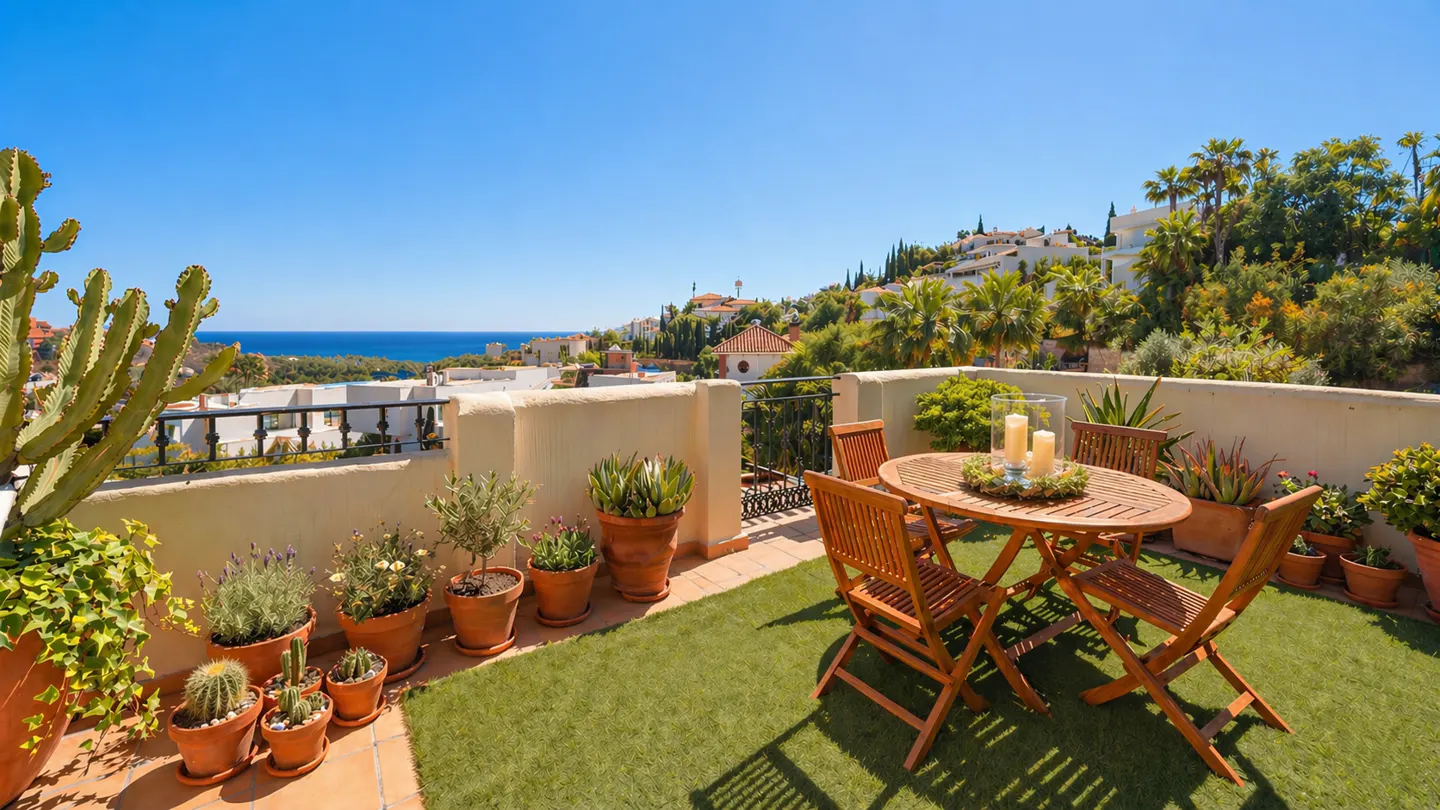 Outdoor patio with table, chairs, and potted plants. Ocean and hillside homes in the background under a clear blue sky.