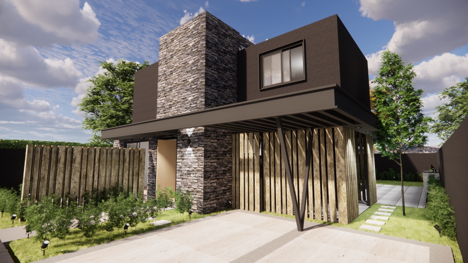 Modern two-story house with stone and dark brown siding, wood slat carport, and landscaped yard.
