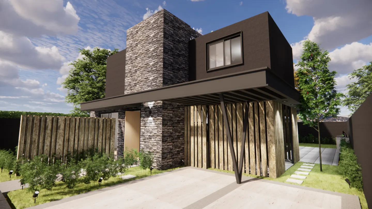 Modern two-story house with stone and dark brown siding, wood slat carport, and landscaped yard.