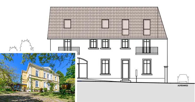 Architectural rendering of a yellow, two-story house with a gray roof, next to a black and white line drawing of the same house.