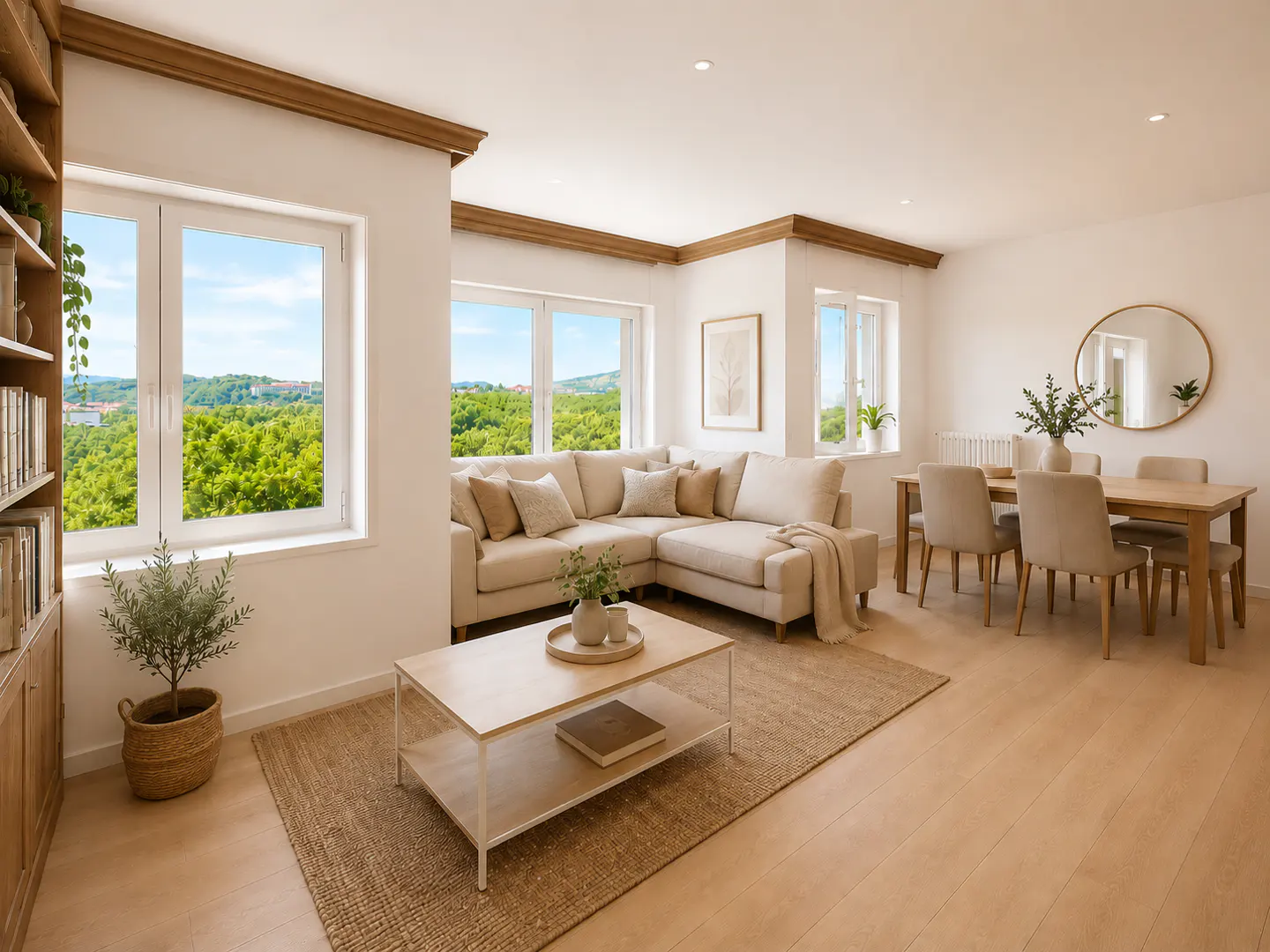 Bright, open-concept living and dining room with a beige sectional, wooden coffee table, and scenic forest views.