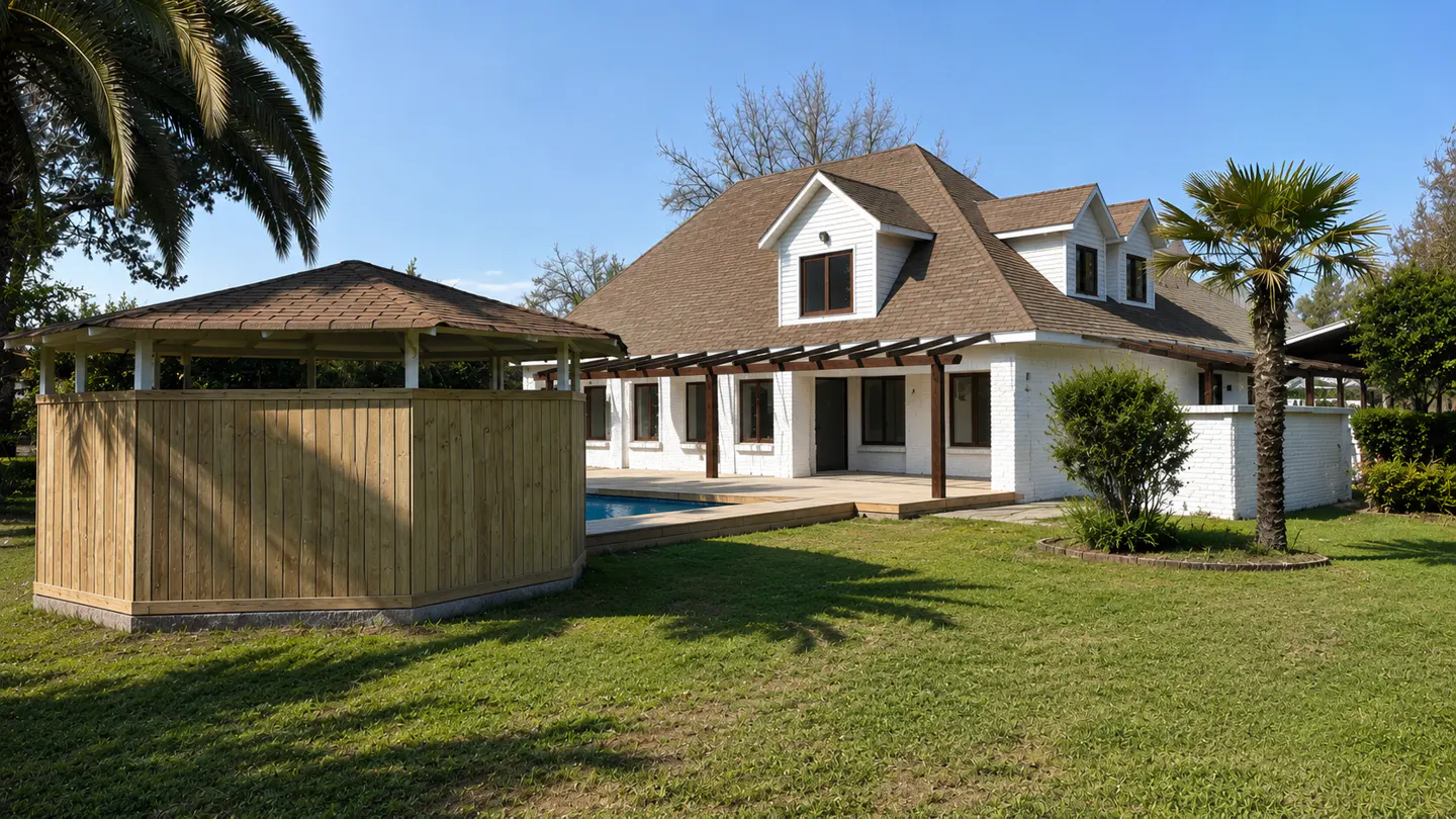 Exterior of a white house with a brown roof, a wooden gazebo, and a green lawn.