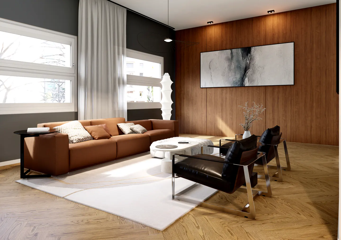 Modern living room with a brown sofa, two black leather chairs, a white rug, and a wood-paneled wall with abstract art.