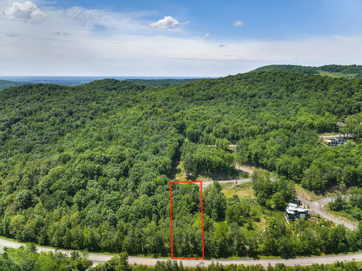 Aerial view of a wooded lot outlined in red, with a road in the foreground and mountains in the background.