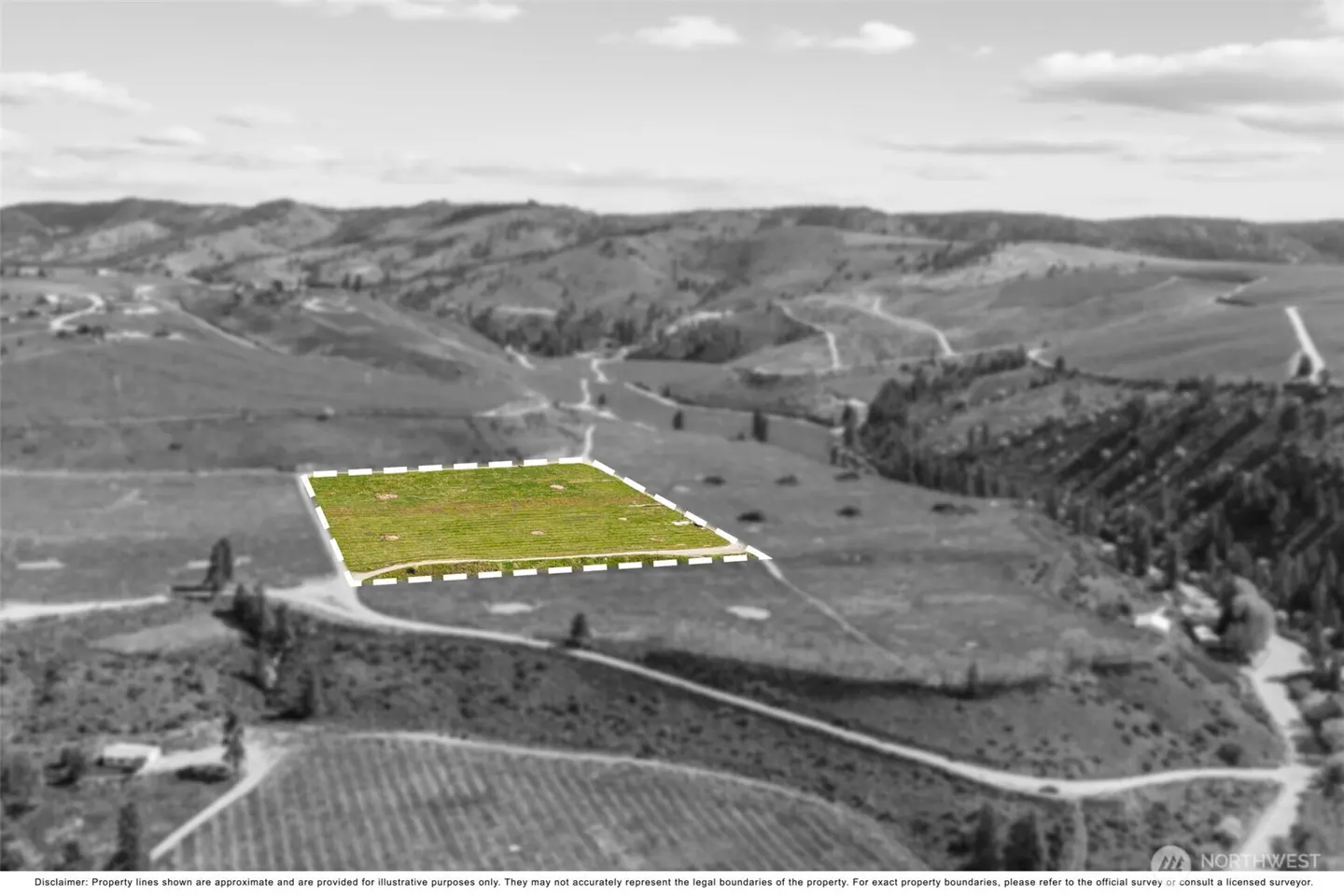 Aerial view of a green lot outlined in white, set against a grayscale landscape of rolling hills.