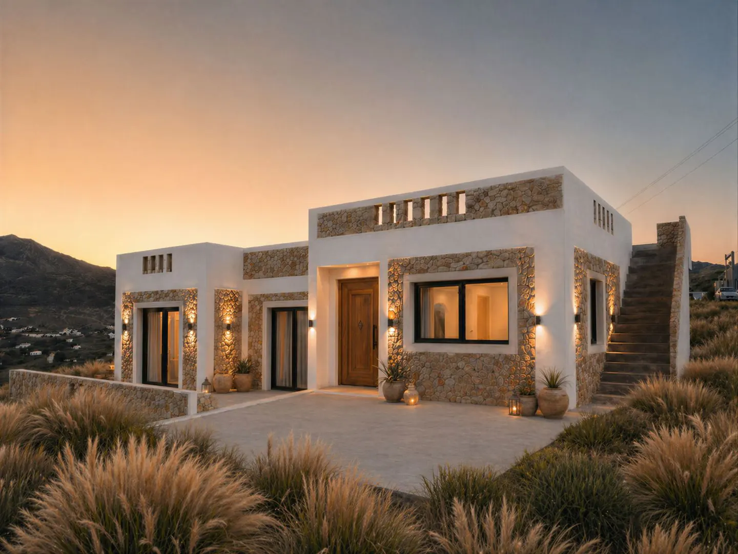 Modern white house with stone accents, set against a sunset sky and grassy foreground. Stairs lead to a rooftop.