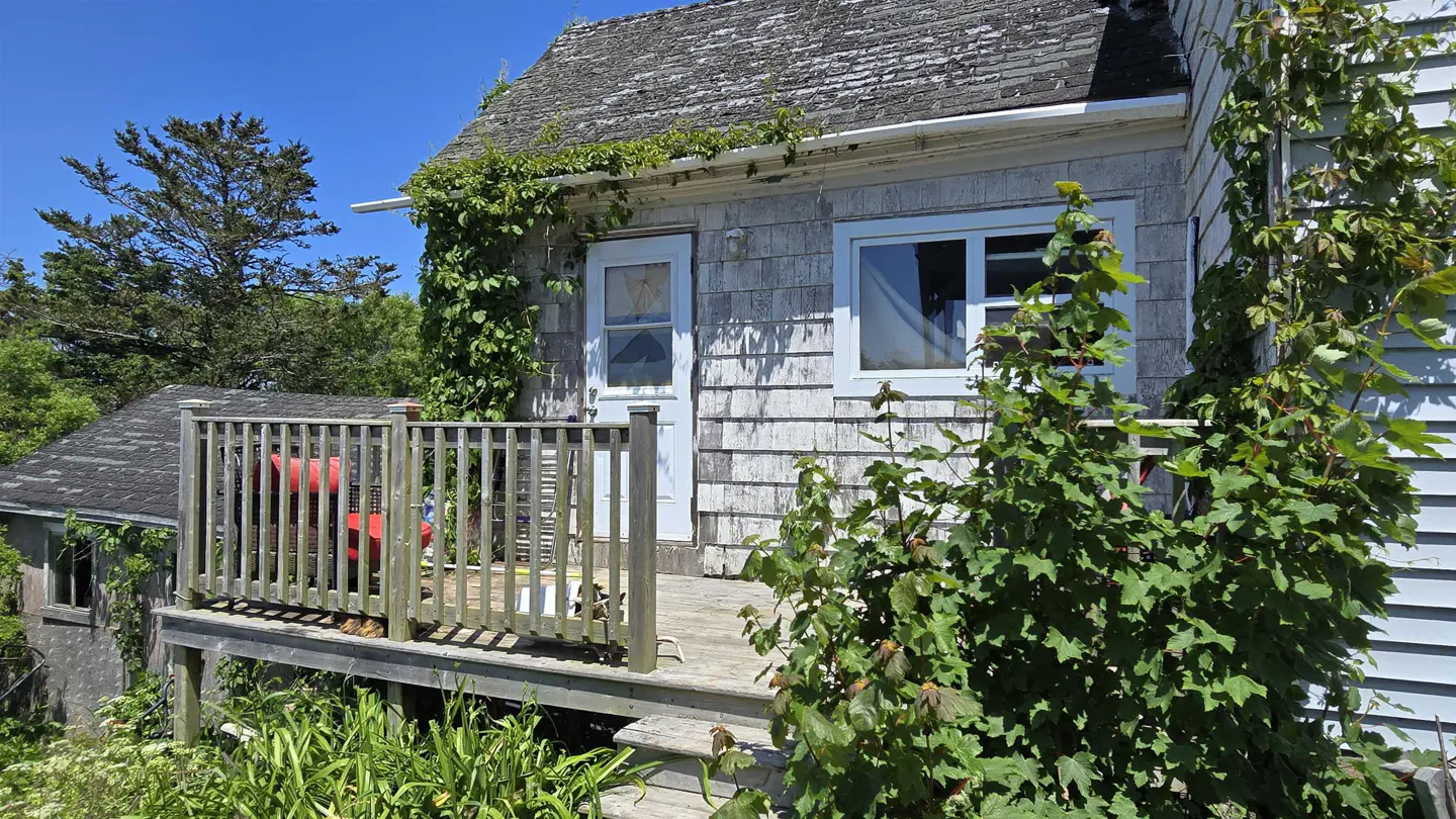 A weathered shingled cottage with a wooden deck, white door, and lush green vines under a clear blue sky.