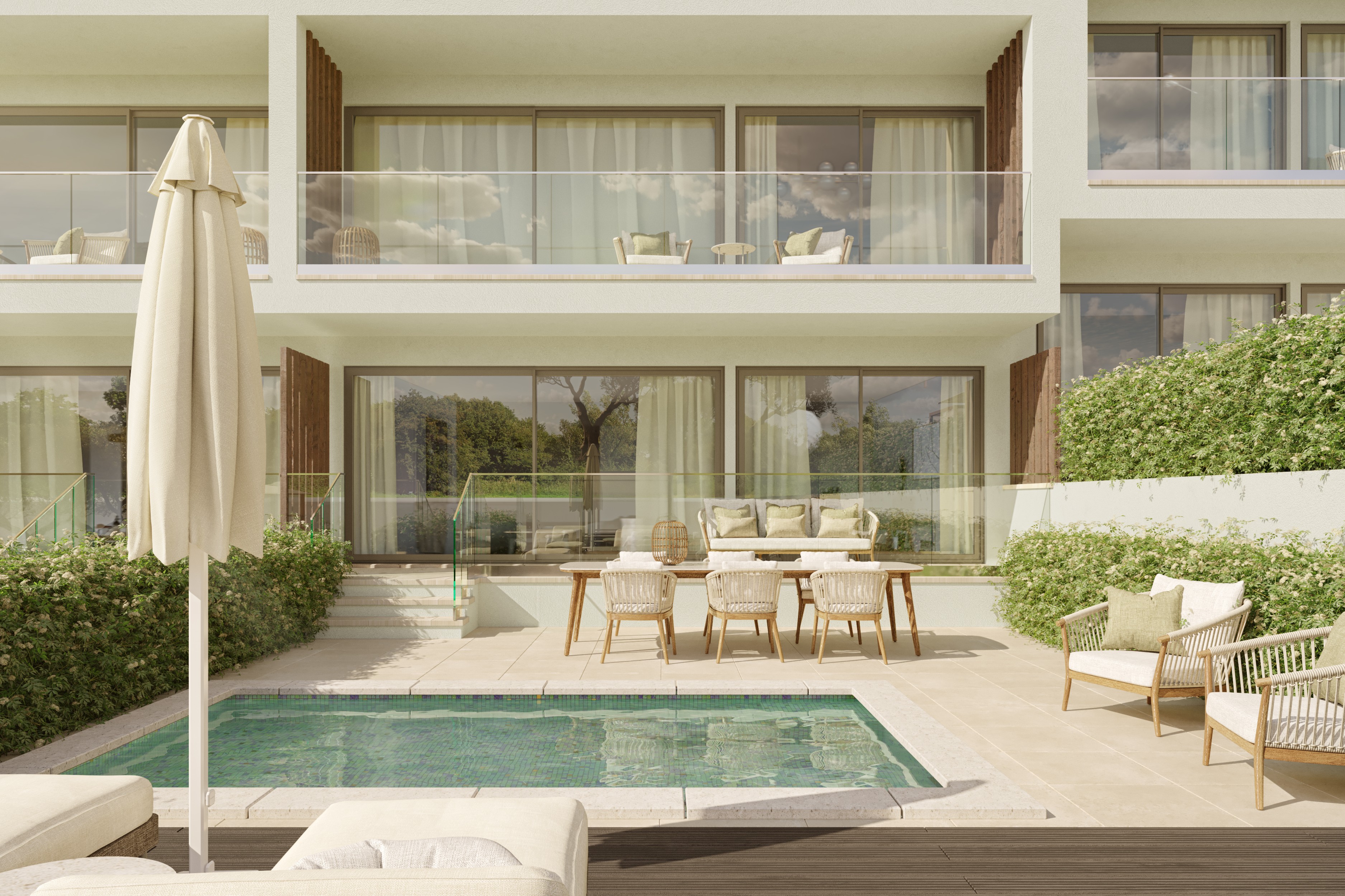 Modern apartment patio with a private pool, outdoor dining set, lounge chairs, and lush greenery under a bright sky. [AI-generated text]