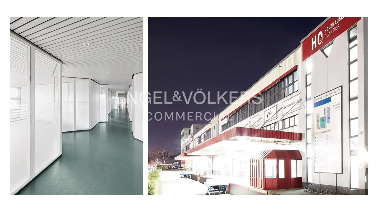 Commercial real estate image: Interior hallway with glass offices and exterior building view at night.