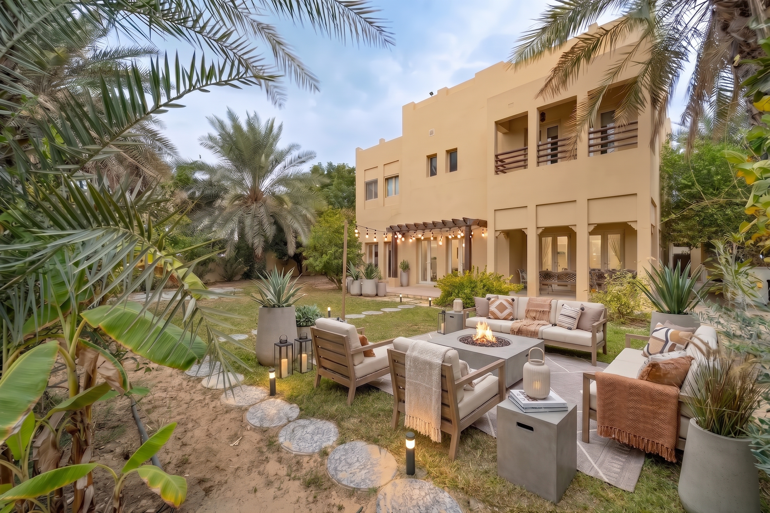 A beige villa with a landscaped backyard featuring a fire pit, outdoor seating, string lights, and palm trees at dusk.