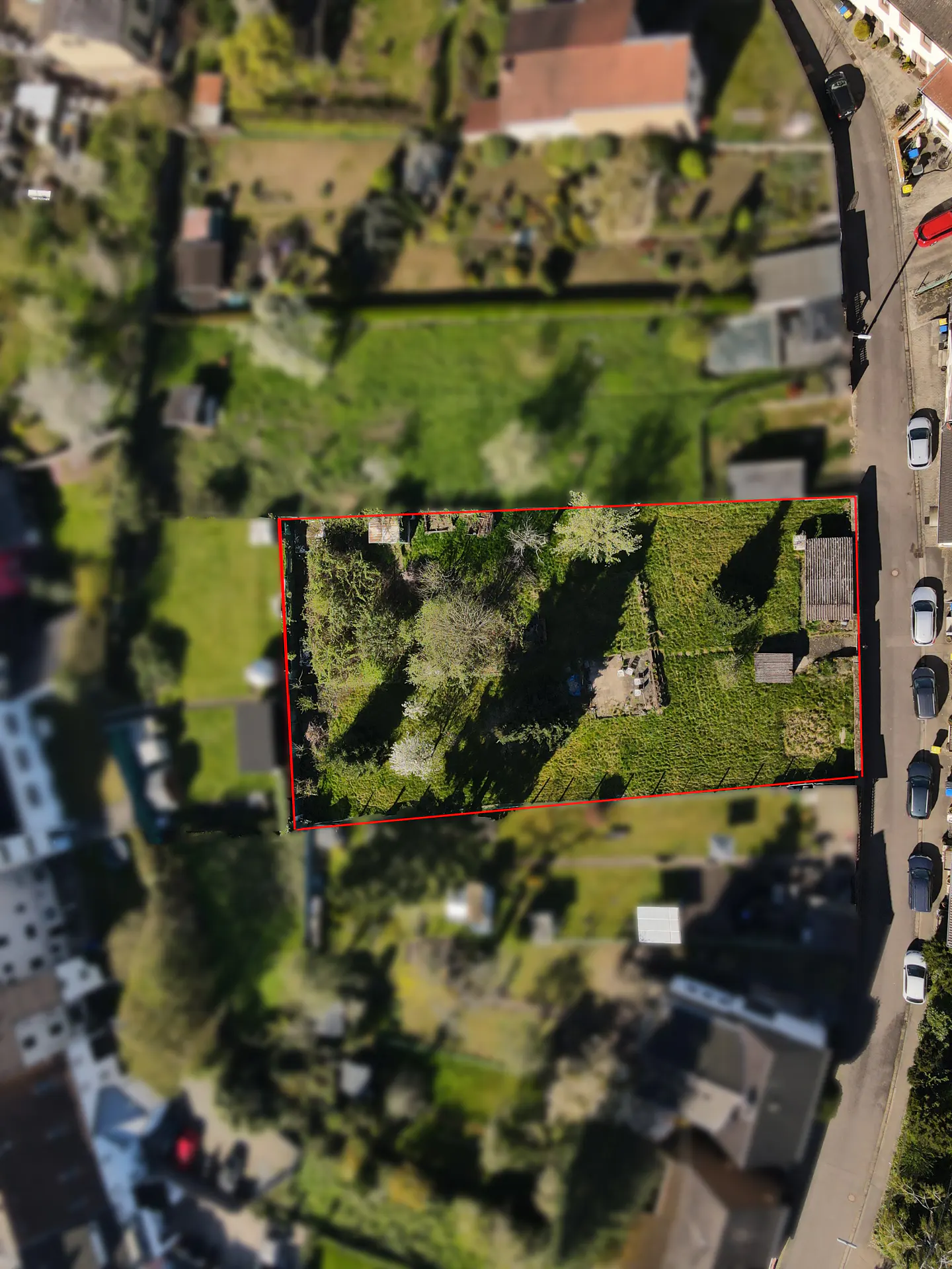 Aerial view of a rectangular plot of land outlined in red, with green grass, trees, and small structures.