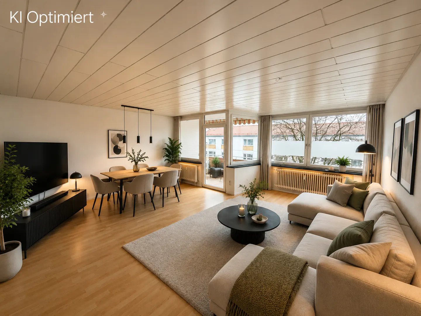 Modern open-plan living room with light wood floors, a beige sectional sofa, dining area, and large windows.