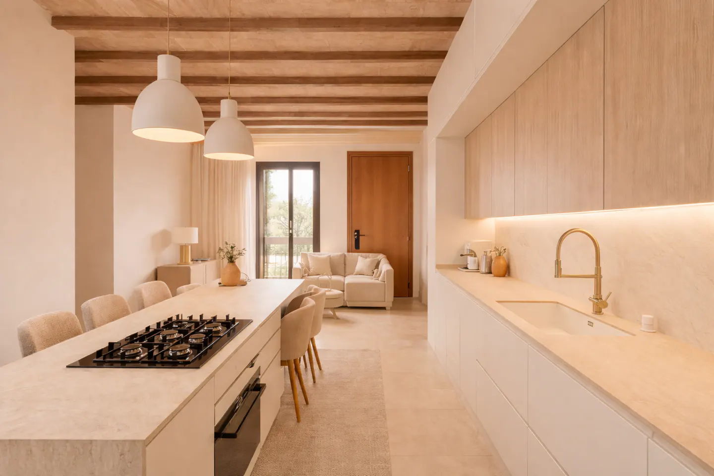 Open-concept kitchen with a long island, gas cooktop, beige chairs, and wooden cabinets. A cream sofa is visible in the background.
