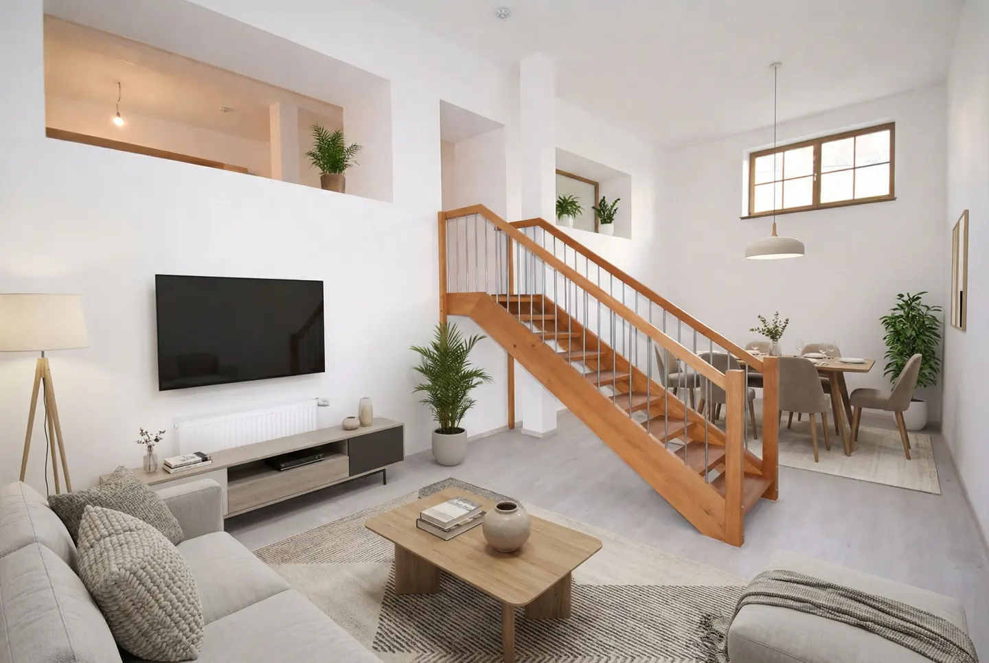 Bright, modern living room with a wooden staircase, TV, sofa, coffee table, and dining area. White walls and gray floors create a spacious feel.