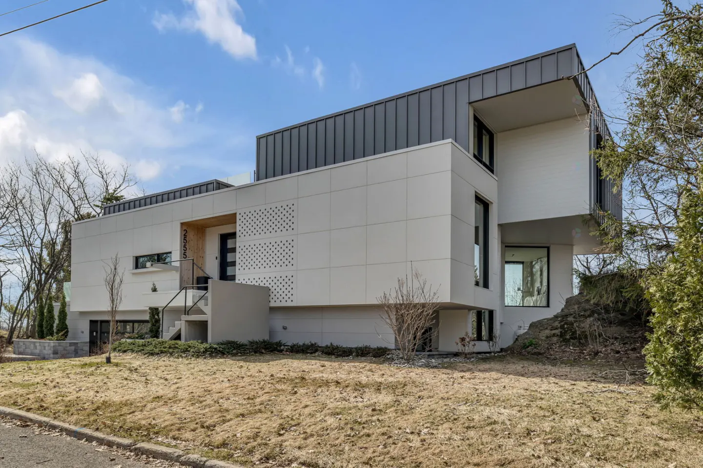 Modern two-story home with white siding, a gray metal roof, and a black front door. A small staircase leads to the entrance.