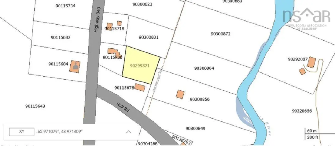 Real estate map showing a yellow lot outlined in black, roads, a river, and parcel numbers.