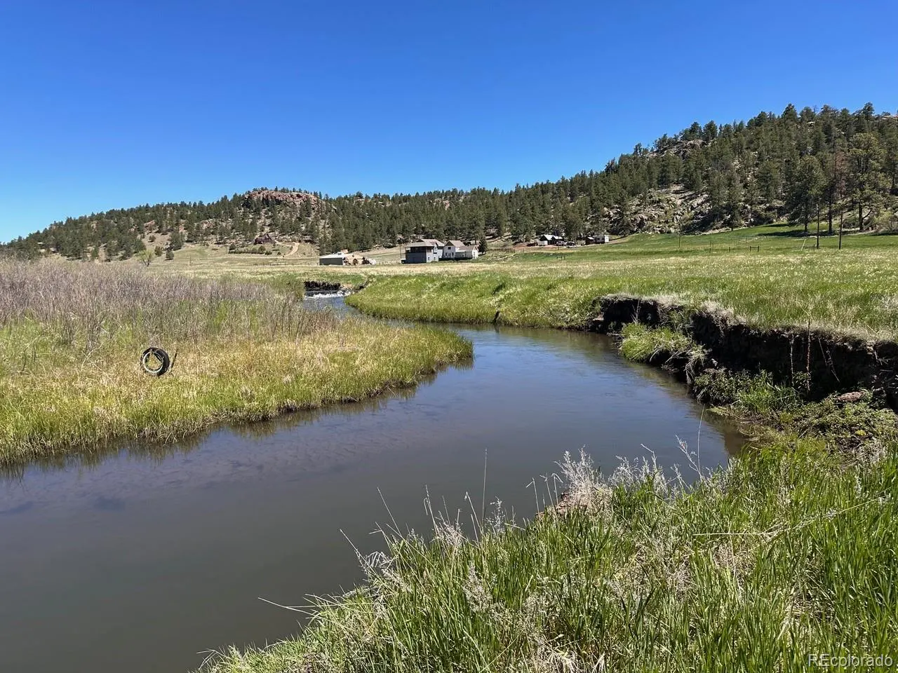 Scenic view of a winding river through a green meadow, with a house and trees in the background under a clear blue sky.