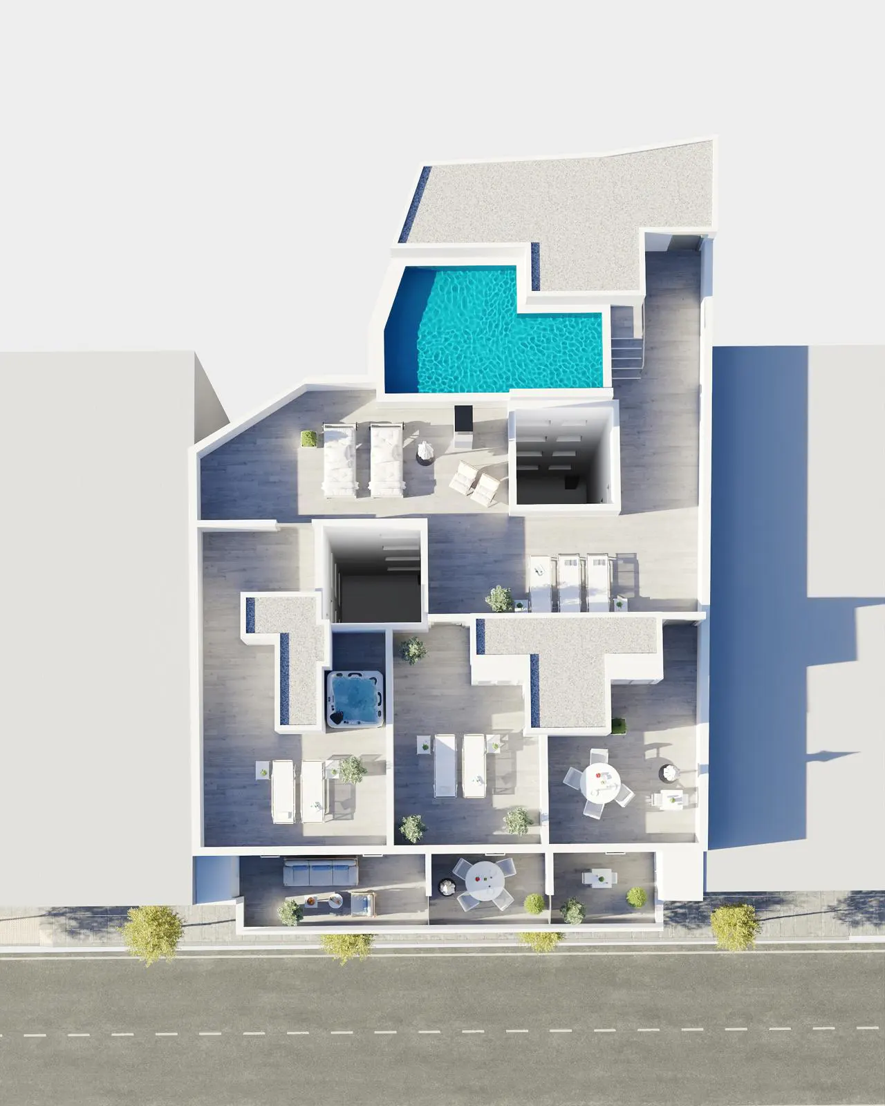 Aerial view of a multi-story building with a blue rooftop pool, balconies, and outdoor seating areas. A street with trees is visible in the foreground.