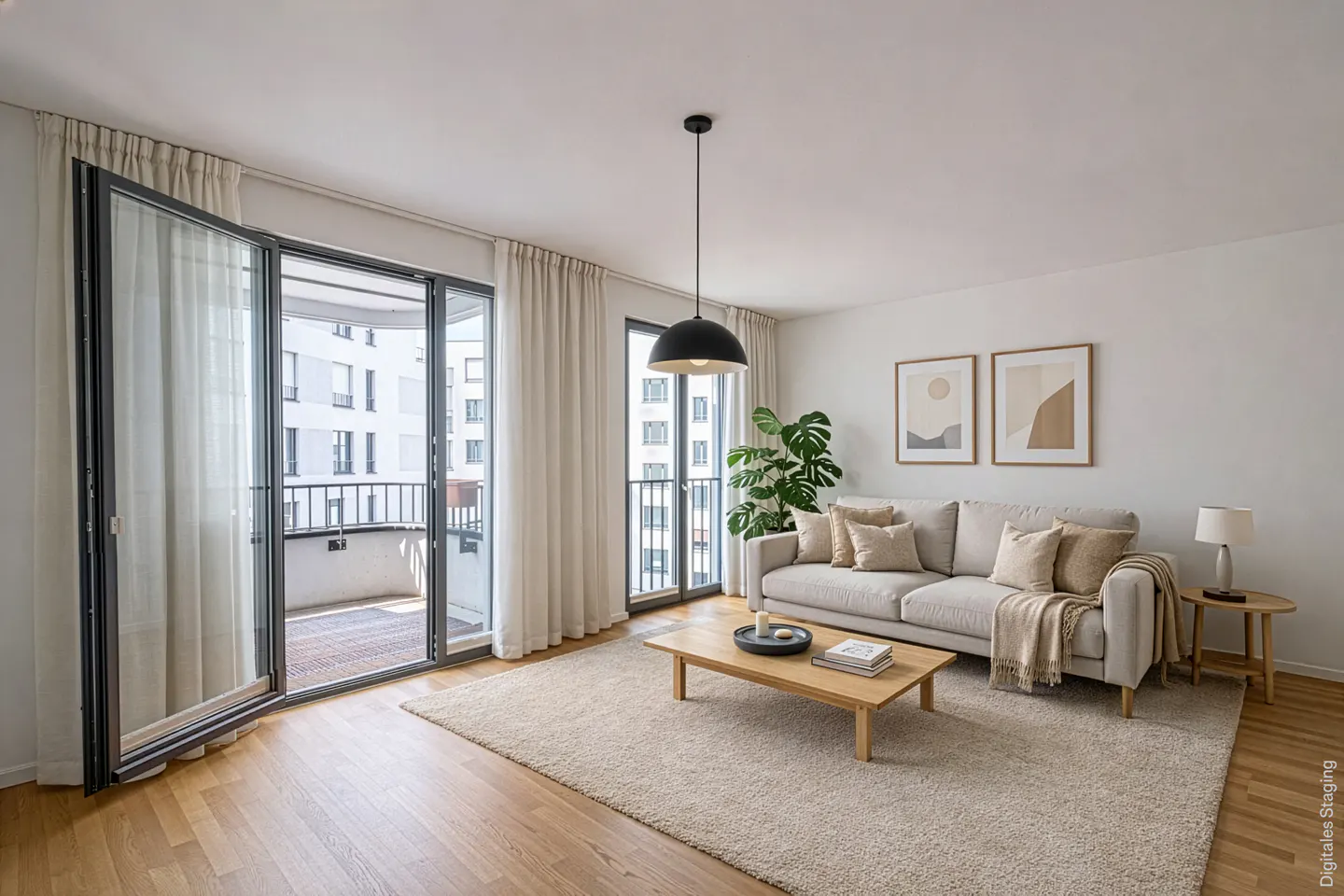 Bright living room with wood floors, beige rug, and sofa. Balcony doors open to a city view. A black pendant light hangs above a wood coffee table.