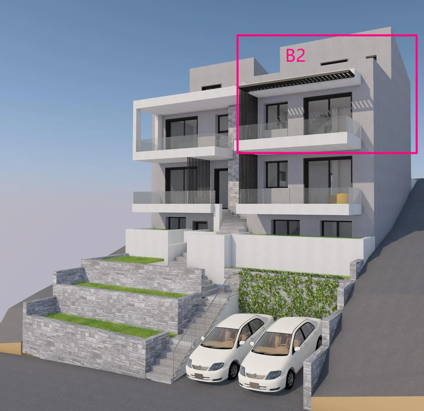 Modern three-story apartment building with a highlighted B2 unit, stone-walled terraces, and two parked white cars.