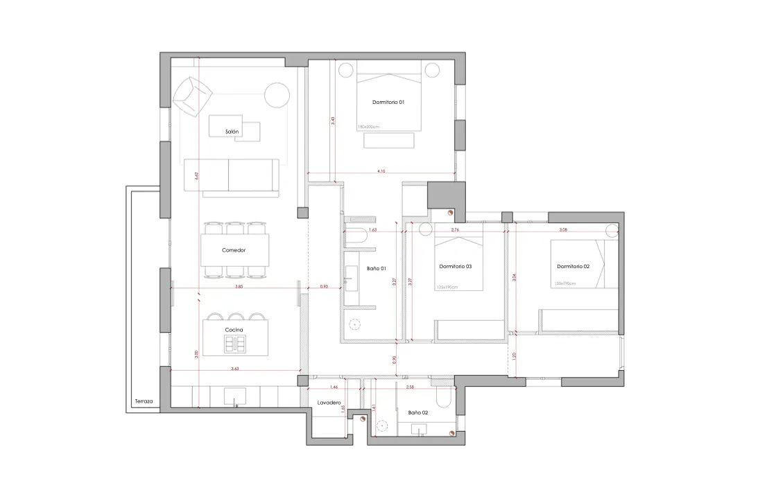 Architectural floor plan of an apartment featuring a living room, kitchen, three bedrooms, two bathrooms, and a terrace.