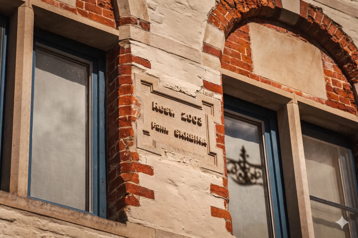 Close-up of a brick building with blue-framed windows and a stone plaque reading "Rest. 2003, Fam. Skreina."