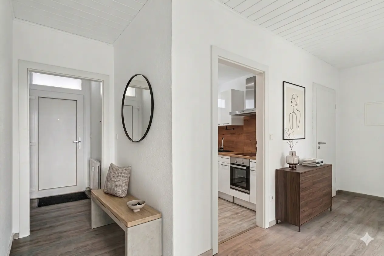 Bright hallway with white walls, wood floors, and a white door. A bench with a mirror is on the left, and a kitchen is visible through a doorway.