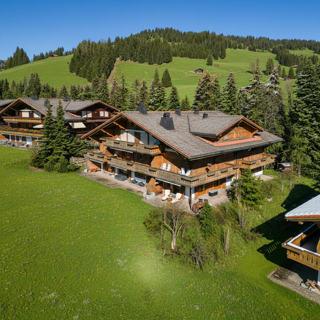 Exterior of a brown chalet-style house with balconies, surrounded by green grass and trees.