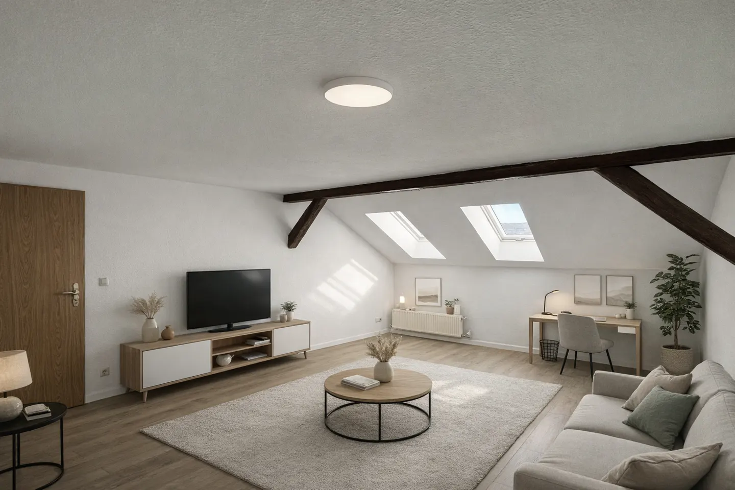 Bright living room with white walls, wood floors, and exposed beams. A sofa, TV, desk, and skylights fill the space.
