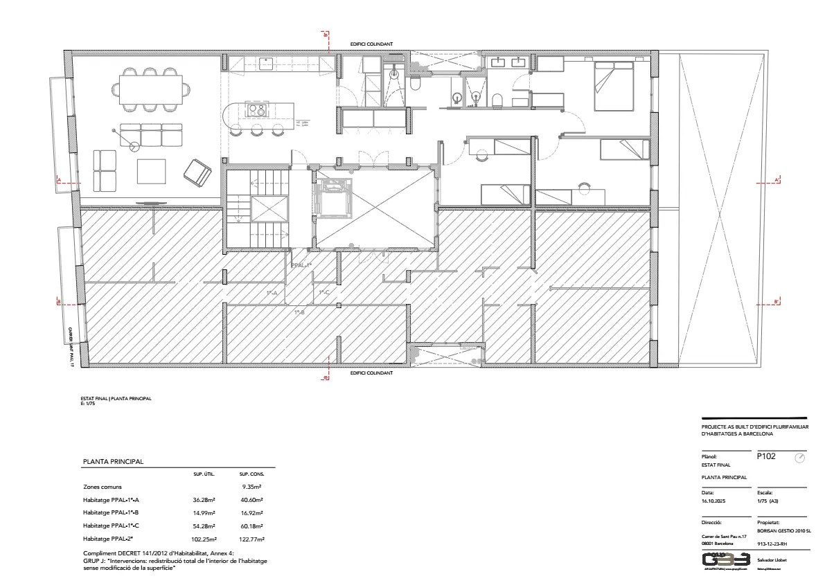 Architectural floor plan in black and white, showing the layout of a residential building with living room, kitchen, bedrooms, and bathrooms.