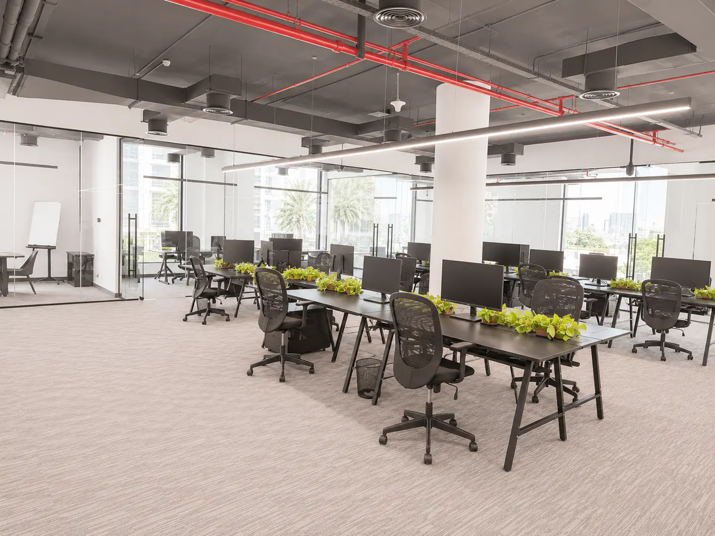 Modern open-plan office with rows of black desks, ergonomic chairs, computer monitors, and small potted plants.