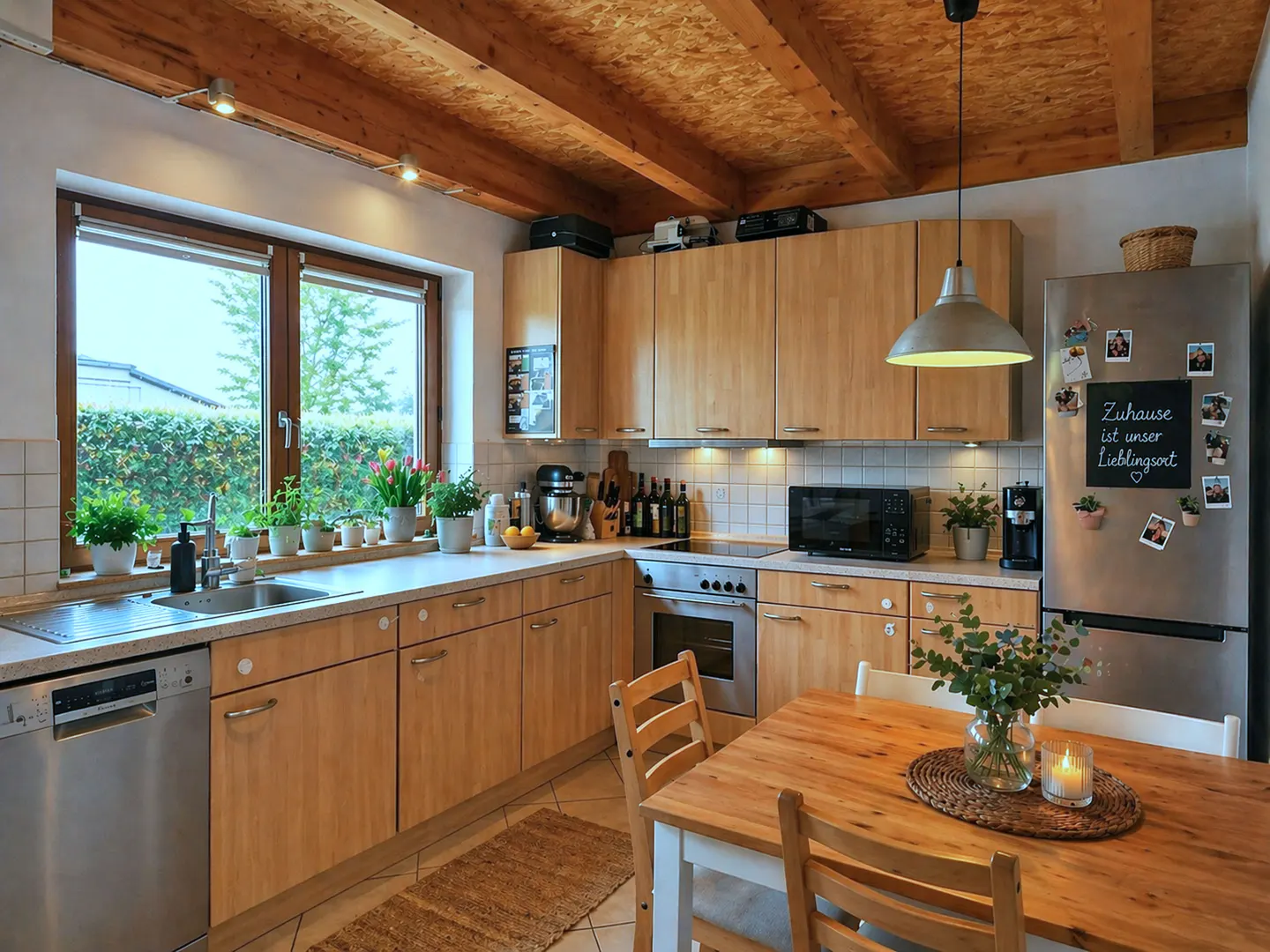 Bright kitchen with wood cabinets, stainless steel appliances, and a wooden table with chairs. A window overlooks a green garden.