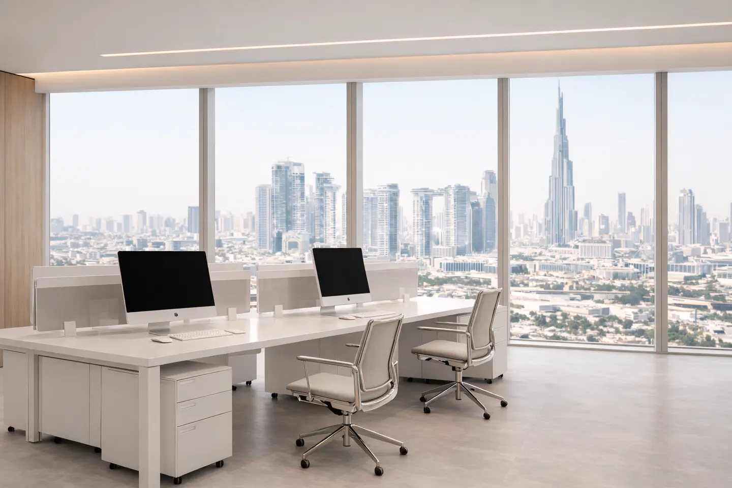 Modern office with white desks, computers, and chairs overlooking the Dubai skyline and Burj Khalifa through large windows.