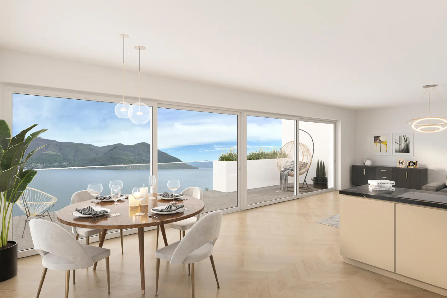 Modern dining area with a round wooden table, white chairs, and floor-to-ceiling windows overlooking a lake and mountains.
