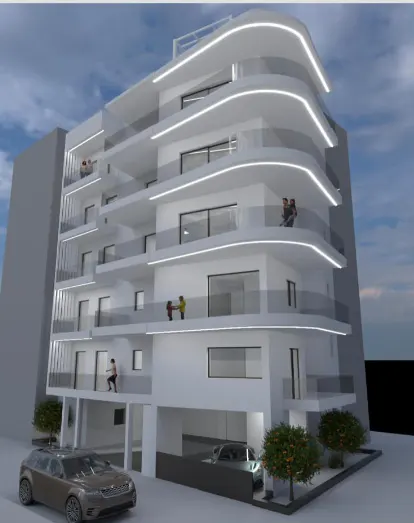Rendering of a modern, white apartment building with curved balconies and glass railings. Cars are parked underneath, and people are on the balconies.