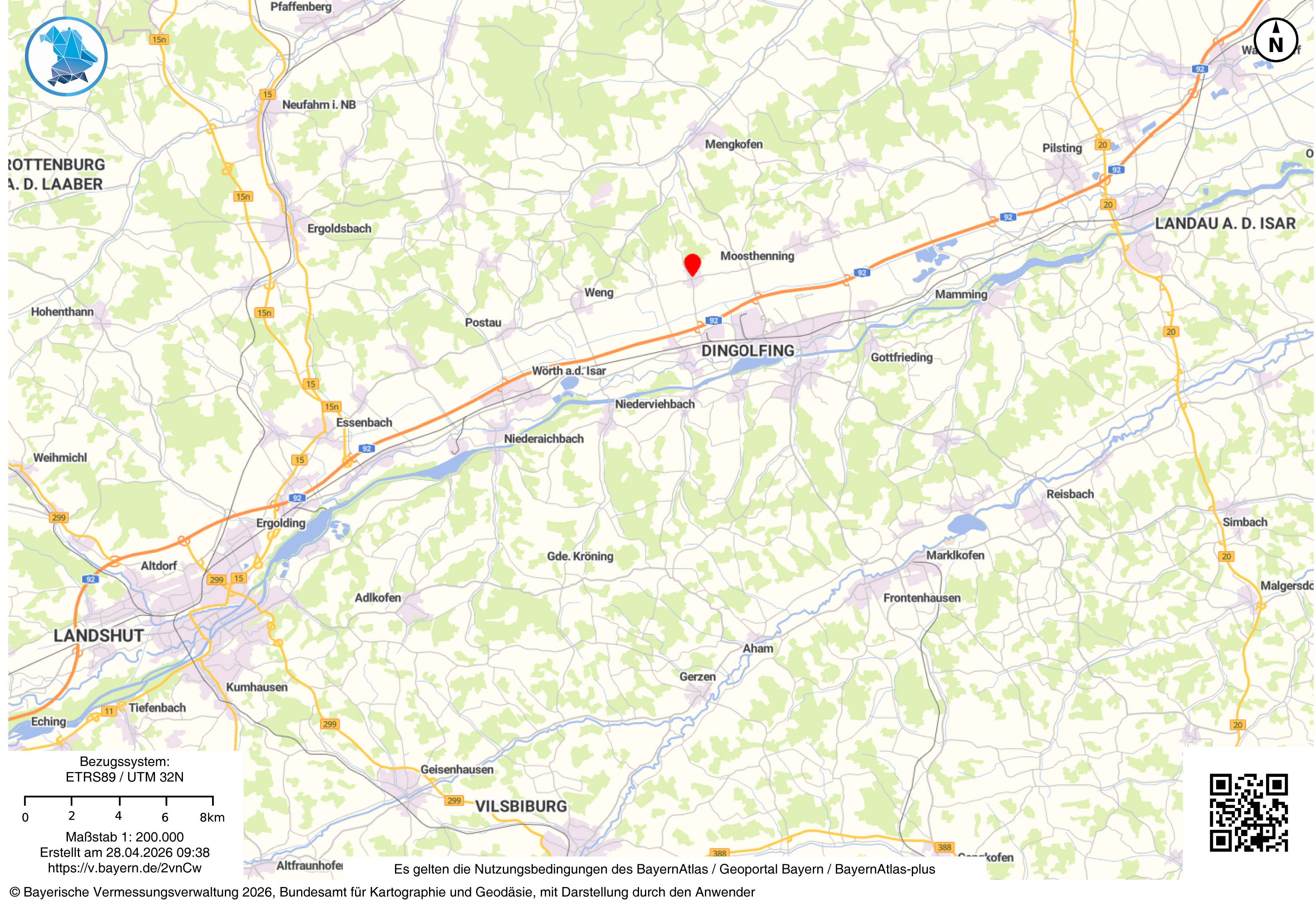 Map of Dingolfing, Germany, with a red marker indicating Moosthenning. Roads and towns are labeled in black on a light green and white background.