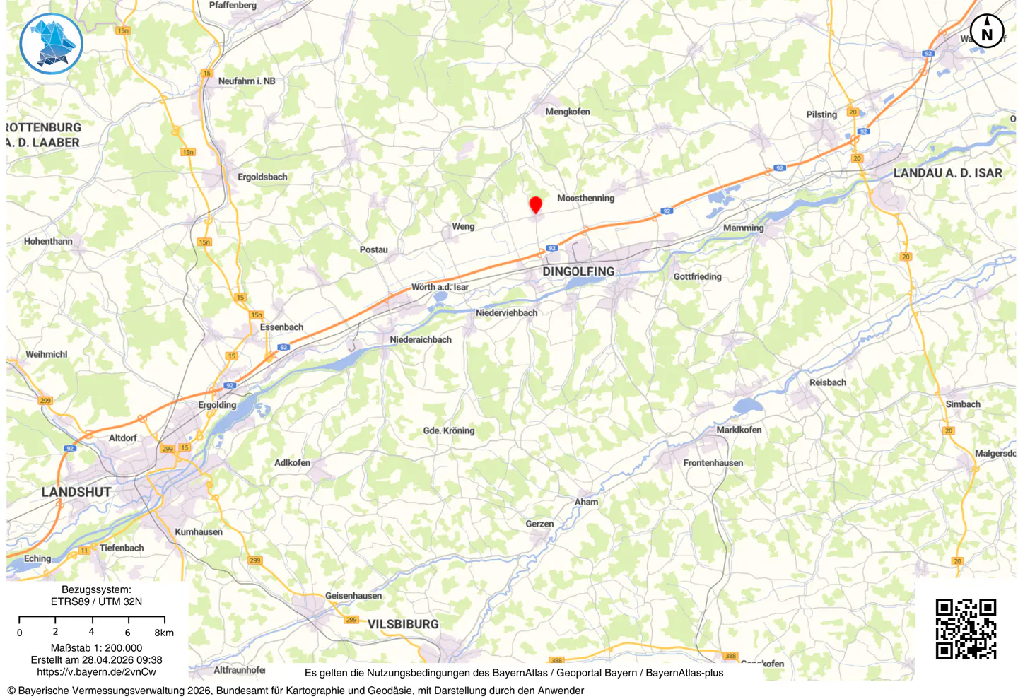 Map of Dingolfing, Germany, with a red marker indicating Moosthenning. Roads and towns are labeled in black on a light green and white background.