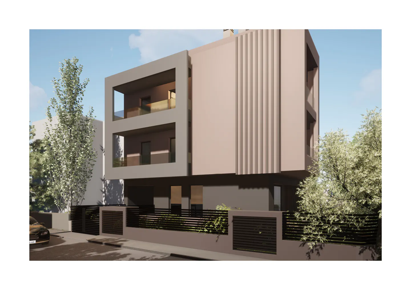 Modern two-story building with gray trim and a light pink facade, featuring vertical design elements and balconies.
