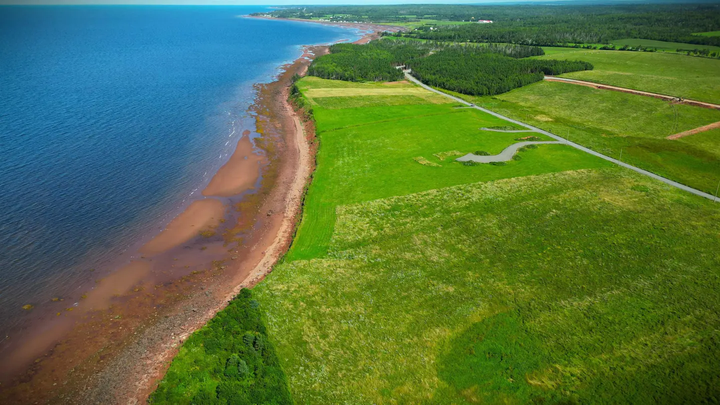 Aerial view of a coastline with blue water, a sandy beach, green fields, and a road.