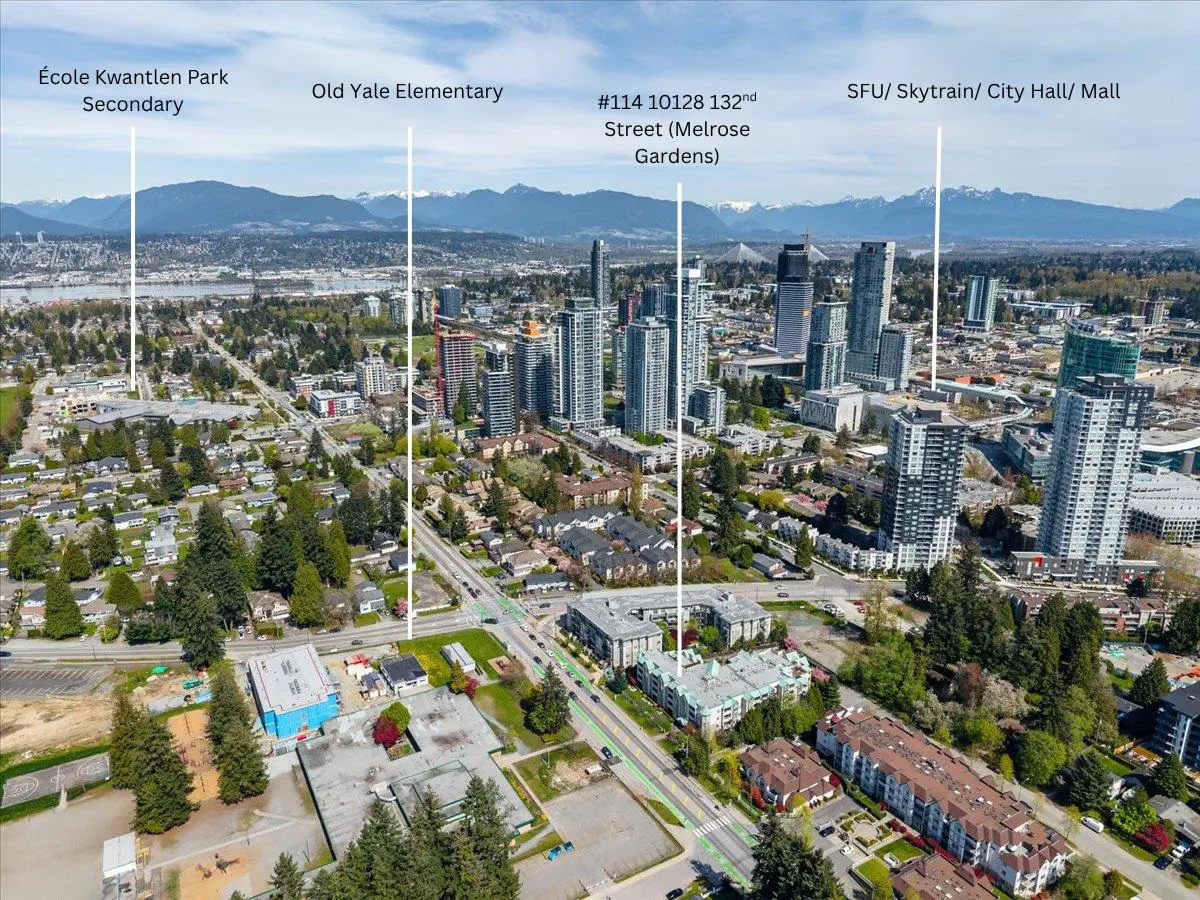 Aerial view of Surrey, BC, showcasing schools, buildings, and mountains in the background.