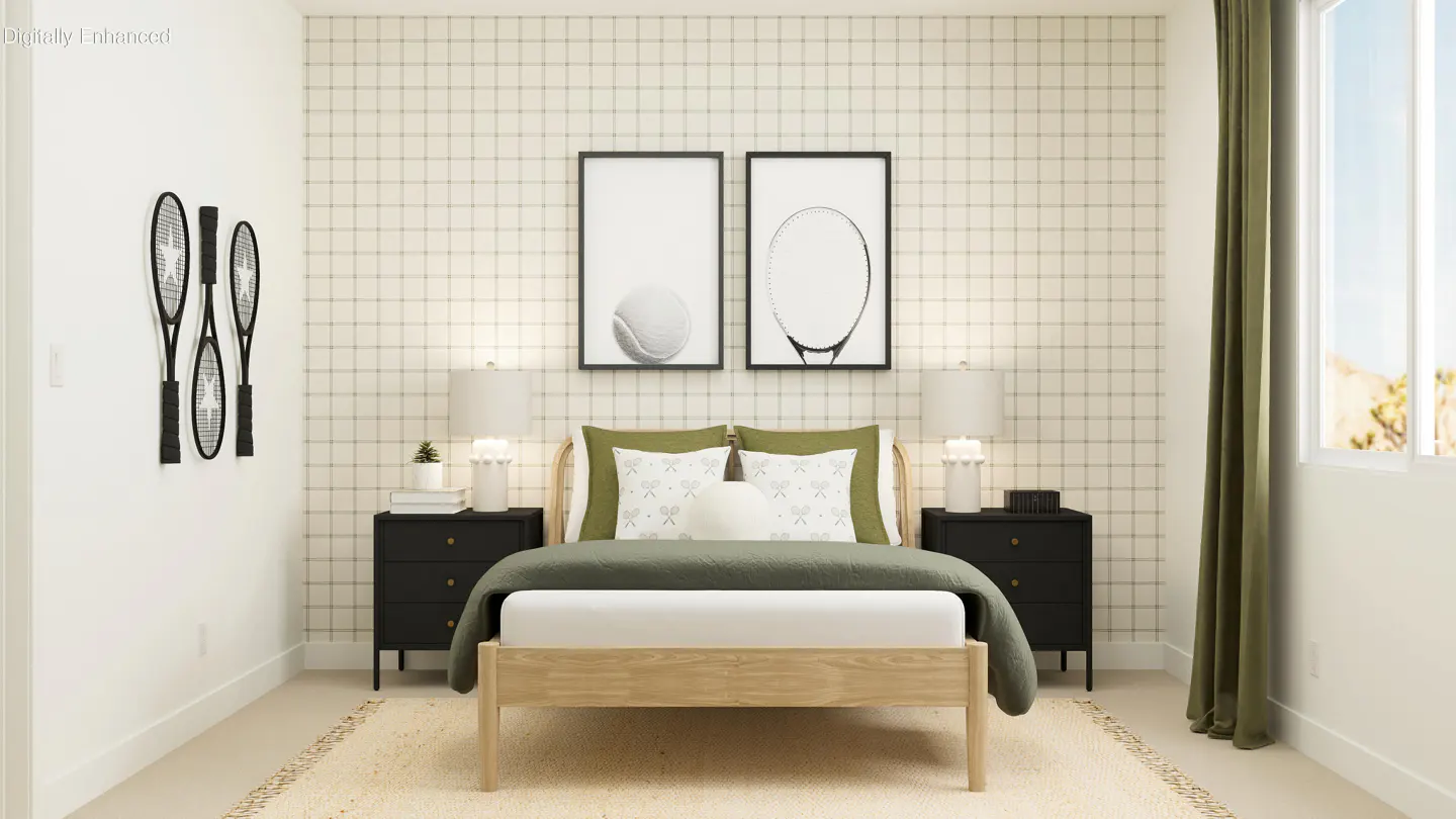 Bedroom with a light wood bed frame, green bedding, and tennis-themed decor, including rackets and framed art. Window with green curtains on the right.
