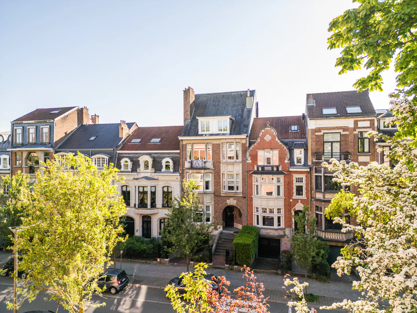 Row of multi-story townhouses with varied architecture, colors, and roof styles, framed by green trees and a blue sky.